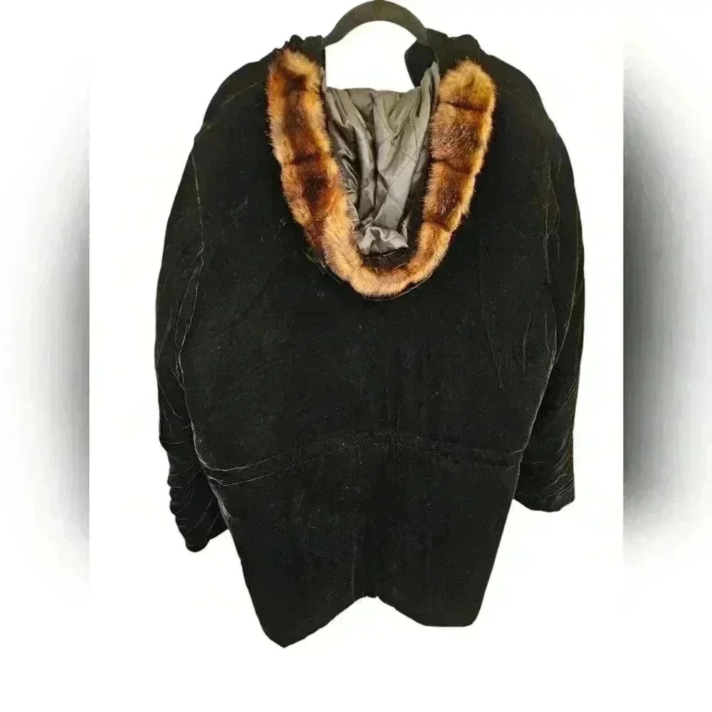 WOMENS LAUREN RALPH LAUREN BLACK VELVET SILK HOODED COAT PARKA LARGE - Picture 2 of 13